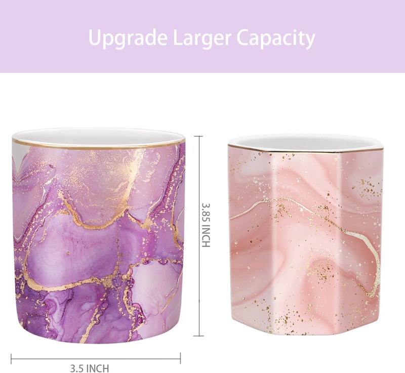 WAVEYU Pen Holder for Desk, Cute Ceramic Pencil Holder, Pen Cup Marker Holder Makeup Brush Holders, Desk Accessories & Workspace Organizers for Home, Office, Purple Marble - Image 2